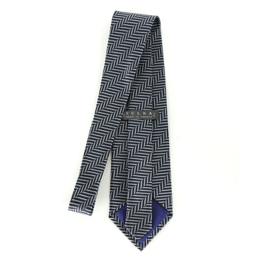 SULKA 100% Silk Neck Tie Blue Gray Herringbone Pattern Made in France - Picture 6 of 8